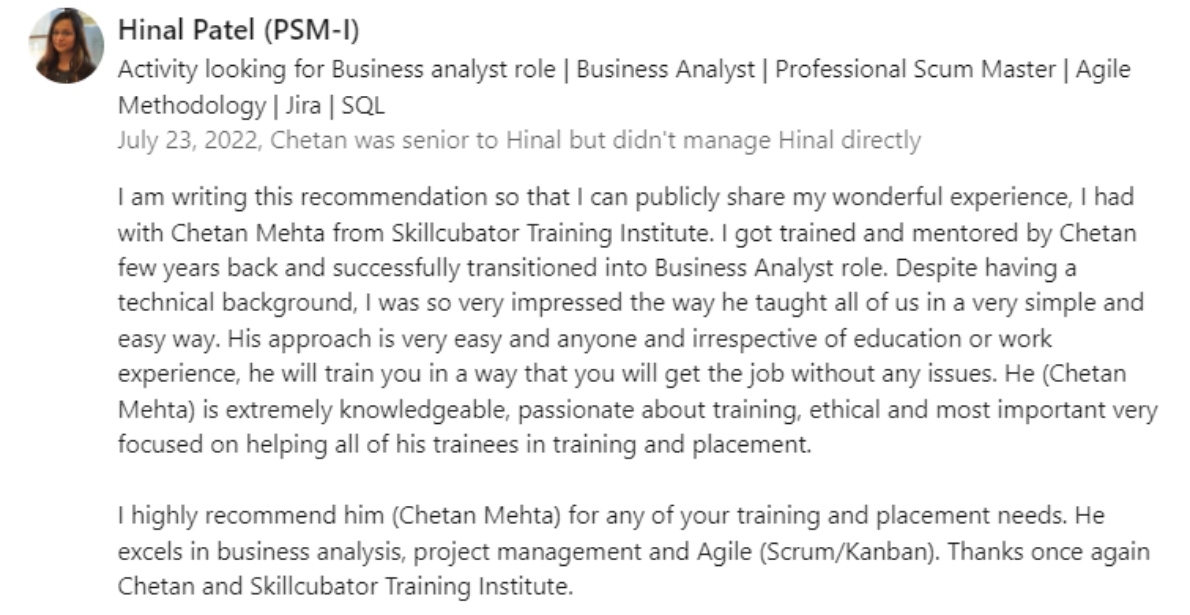 Hina Patel (Business Analyst)