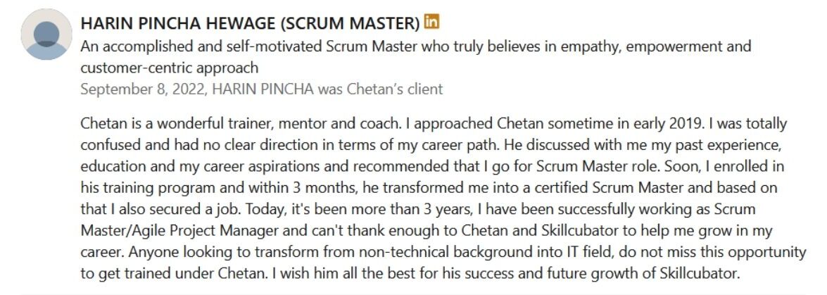 Harin Pincha Scrum Master Testimonials - Skillcubator