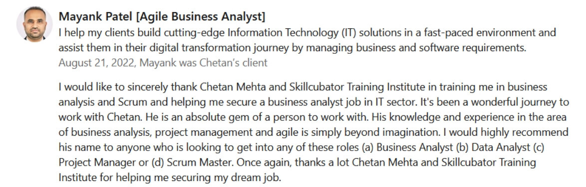 Mayank Patel Agile Business Analyst Testimonials - Skillcubator